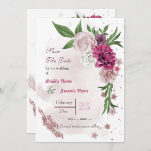 Romantic pink mauve white flowers greenery save the date