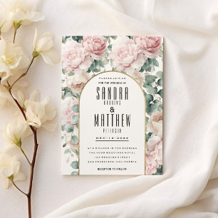 Romantic pink mint peony eucalyptus floral Wedding Invitation