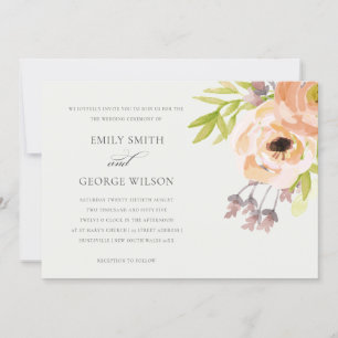 ROMANTIC PINK PEACH BLUSH OFF WHITE FLORAL WEDDING INVITATION