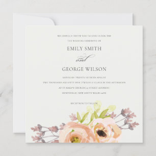 ROMANTIC PINK PEACH BLUSH OFF WHITE FLORAL WEDDING INVITATION