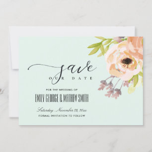 ROMANTIC PINK PEACH BLUSH PURPLE SKY BLUE FLORAL SAVE THE DATE