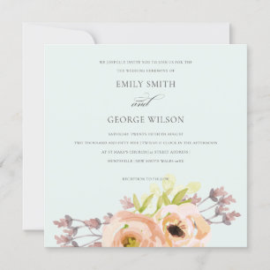 ROMANTIC PINK PEACH BLUSH SOFT BLUE FLORAL WEDDING INVITATION