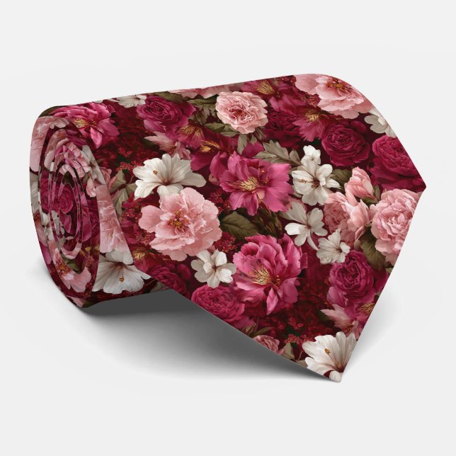 Romantic Pink Peonies and Roses Floral Wedding Tie (Rolled)