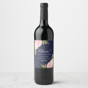 Romantic Pink Peonies on Blue Wine Labels