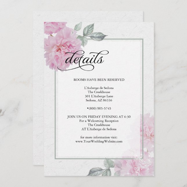 Romantic Pink Peonies Rice Paper Wedding Details Invitation (Front/Back)
