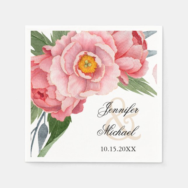 Romantic Pink Peonies Wedding Napkin (Front)