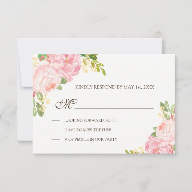 Romantic Pink Peonies Wedding RSVP Card (Front)