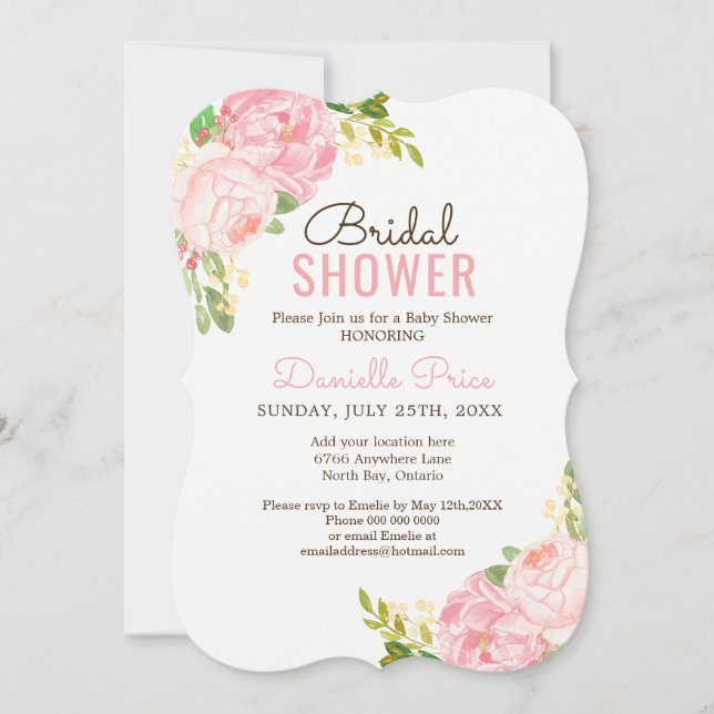 Romantic Pink Peony Bridal Shower Invitations (Front)