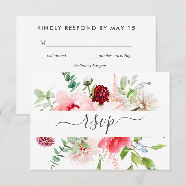 Romantic Pink Peony Script Meals RSVP Invitation (Front/Back)