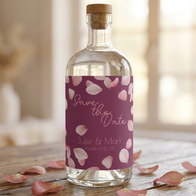 Romantic Pink Petals Save the Date Wine Label (Creator Uploaded)