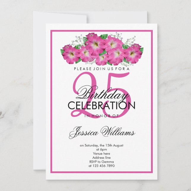 Romantic Pink Petunias Birthday Invitation (Front)