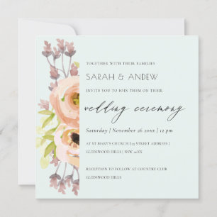 ROMANTIC PINK, PURPLE, BLUE FLORAL SCRIPT WEDDING INVITATION