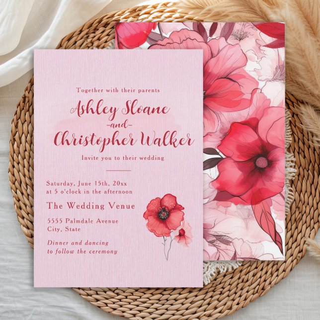 Romantic Pink Red Floral Wedding Invitation (Romantic pink and red watercolor floral wedding invitation)