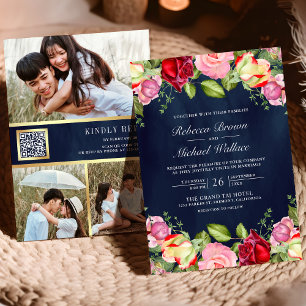Romantic Pink Red Roses QR Code Navy Blue Wedding Invitation
