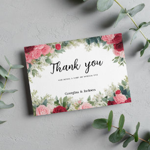 Romantic pink red white mint roses Thank You Invitation