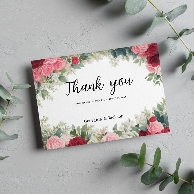 Romantic pink red white mint roses Thank You  Invitation (Romantic pink red white mint roses Thank You )