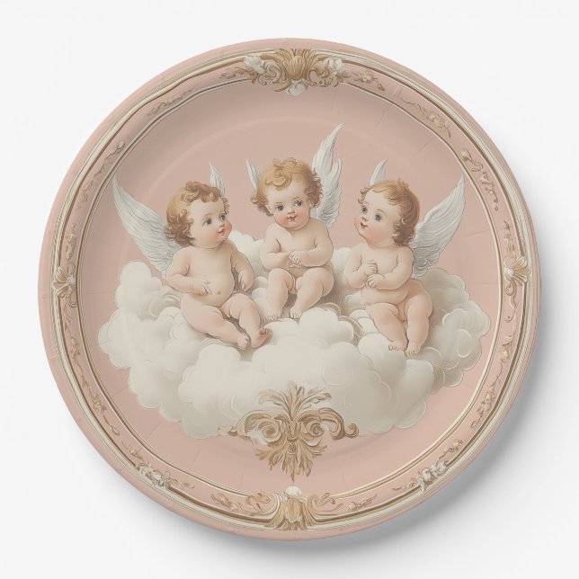 Romantic Pink Rococo Cherub Cloud Paper Plate (Front)