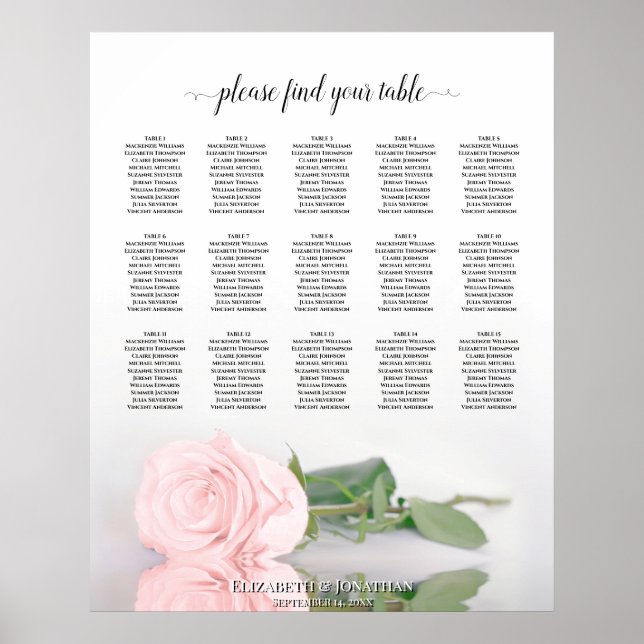 Romantic Pink Rose 15 Table Wedding Seating Chart (Front)