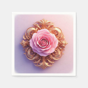 Romantic Pink Rose and Gold Ornamental Napkin