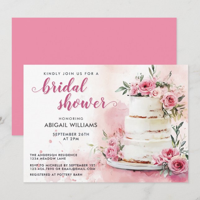 Romantic Pink Rose Cake Floral Bridal Shower Invitation (Front/Back)