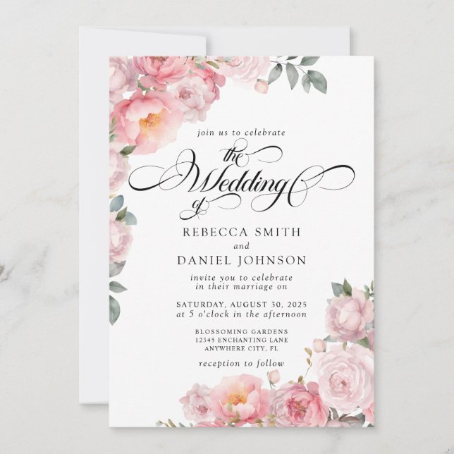 Romantic Pink Rose Calligraphy Floral Wedding Invitation (Front)