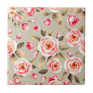 Romantic Pink Rose Floral Pattern Ceramic Tile