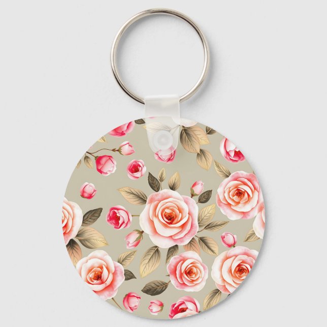 Romantic Pink Rose Floral Pattern Key Ring (Front)