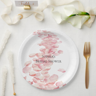 Romantic Pink Rose Petals Floral Bridal Shower Paper Plate