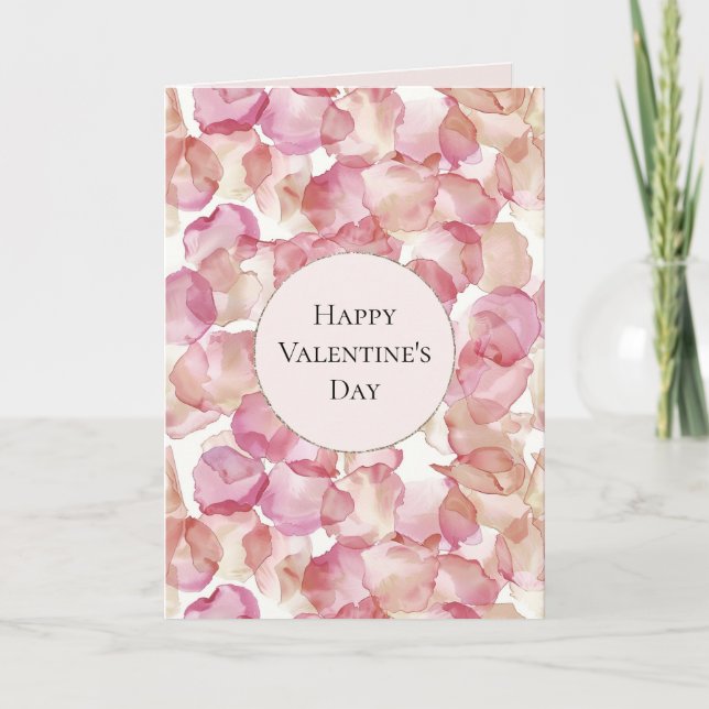 Romantic Pink Rose Petals Floral Valentine's Day Card (Front)