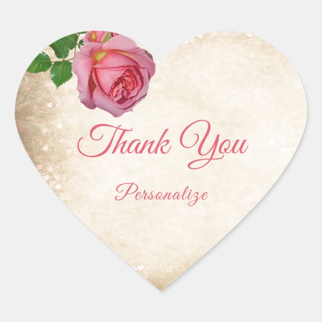 Romantic Pink Rose Thank You Personalise Heart Sticker (Front)