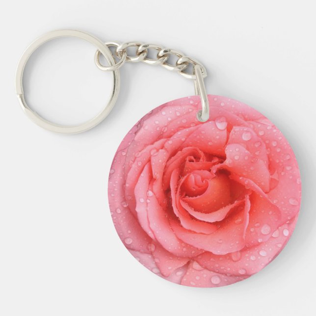 Romantic Pink Rose Water Drops Key Ring (Front)