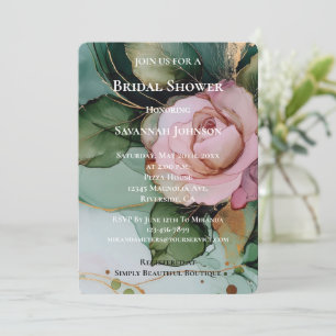 Romantic Pink Rose White Gold Floral Bridal Shower Invitation