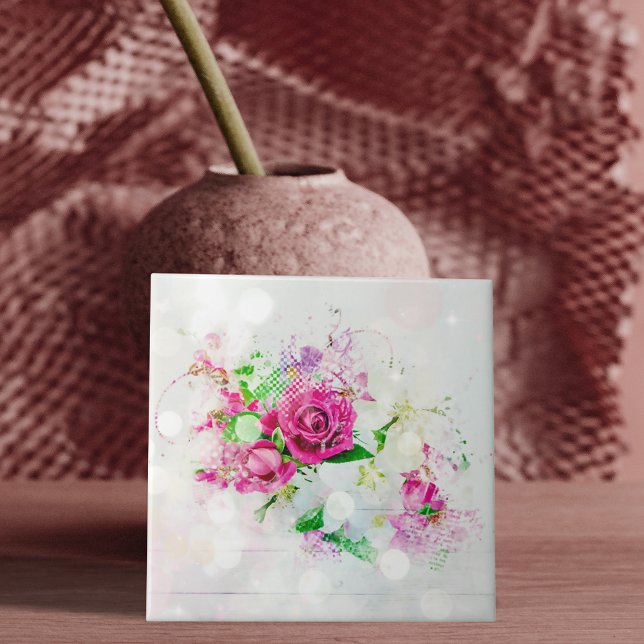 Romantic Pink Rose With Bokeh & Sparkles on White Ceramic Tile (Creator Uploaded)