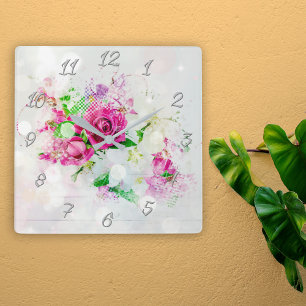 Romantic Pink Rose With Bokeh & Sparkles on White  Square Wall Clock