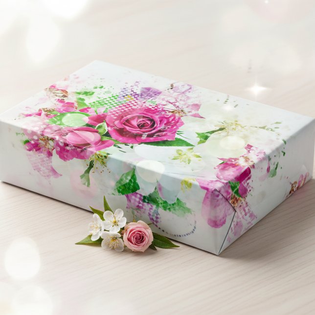 Romantic Pink Rose With Bokeh & Sparkles on White Wrapping Paper Sheet (Creator Uploaded)
