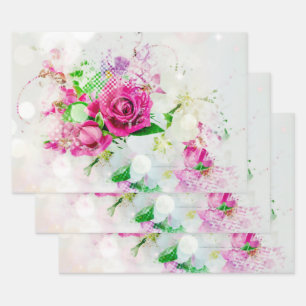 Romantic Pink Rose With Bokeh & Sparkles on White Wrapping Paper Sheet