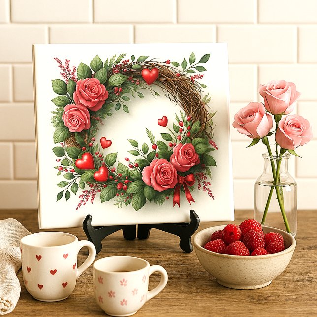Romantic Pink Rose Wreath with Red Hearts  Ceramic Tile (“Styled using AI-generated mockup by Susang6.”)