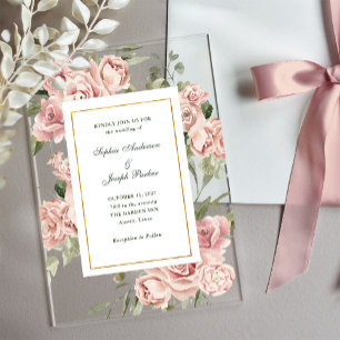 Romantic Pink Roses and Gold Wedding Acrylic Invitations