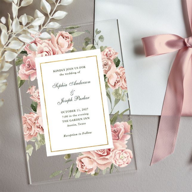 Romantic Pink Roses and Gold | Wedding Acrylic Invitations (Creator Uploaded)