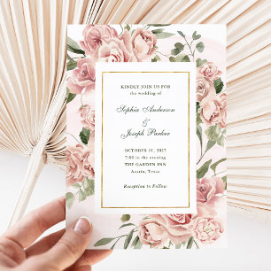Romantic Pink Roses and Gold   Wedding Invitation