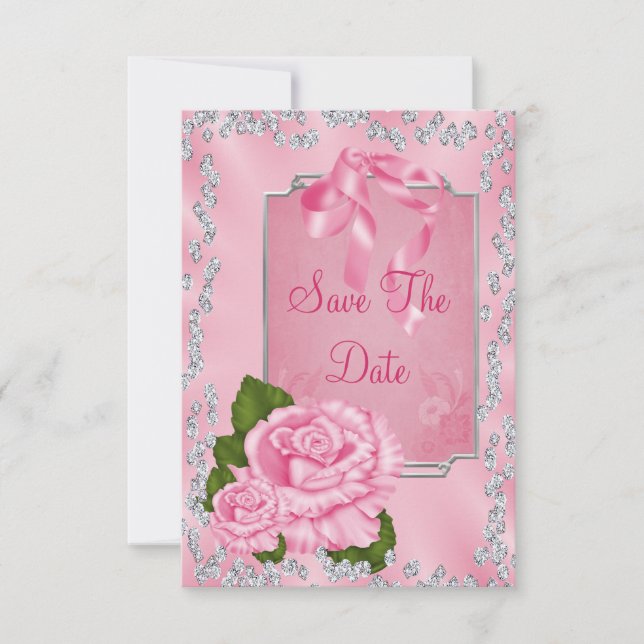 Romantic Pink Roses & Bows 21st Save The Date (Front)