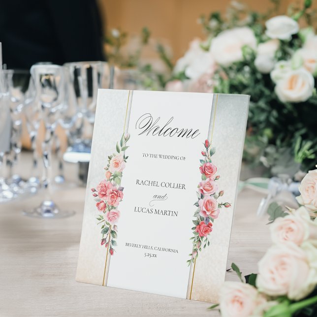Romantic Pink Roses & Calligraphy Welcome Pedestal Sign (Creator Uploaded)