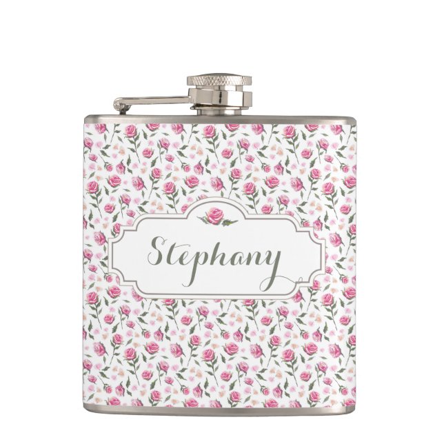Romantic Pink Roses Custom Name Feminine Flask (Front)