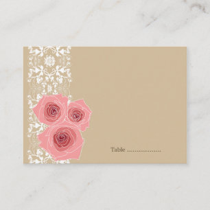 Romantic Pink Roses Damask Lace Chic Wedding Party Place Card