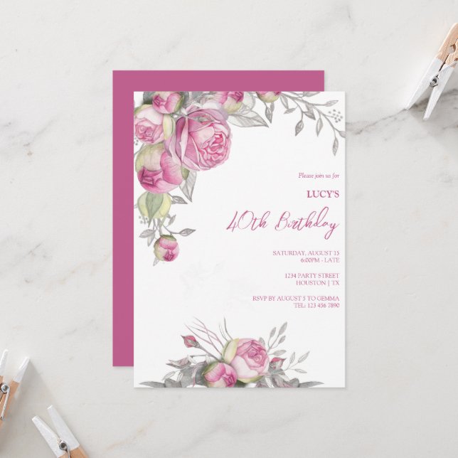 Romantic Pink Roses Decoration Birthday Party Invitation (Front/Back In Situ)