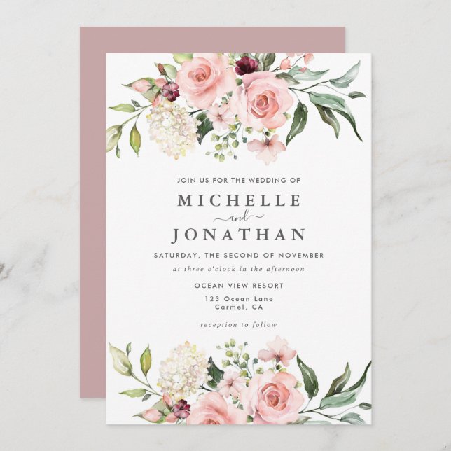 Romantic Pink Roses Dusty Rose Wedding  Invitation (Front/Back)