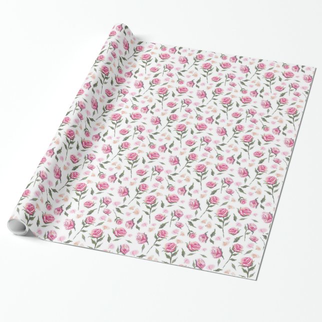 Romantic Pink Roses Feminine Pretty Pattern Wrap Wrapping Paper (Unrolled)