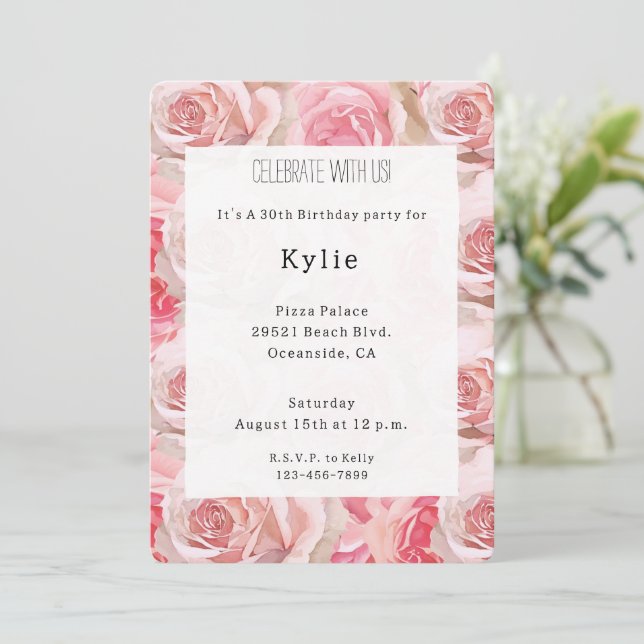 Romantic Pink Roses Floral Birthday   Invitation (Standing Front)