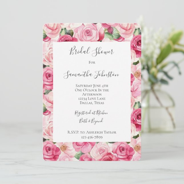 Romantic Pink Roses Floral Bridal Shower Invitation (Standing Front)