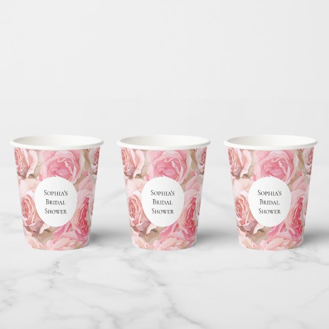 Romantic Pink Roses Floral Bridal Shower Paper Cups (Multi)